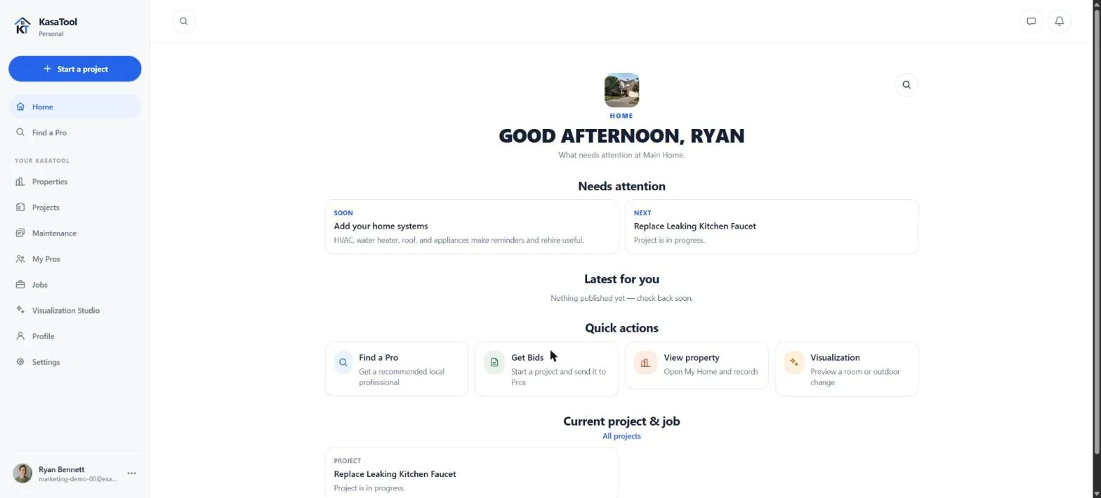 KasaTool homeowner Home dashboard for Ryan Bennett: what needs attention at Main Home, quick actions for Find a Pro, Get Bids, and Visualization, and the current project.
