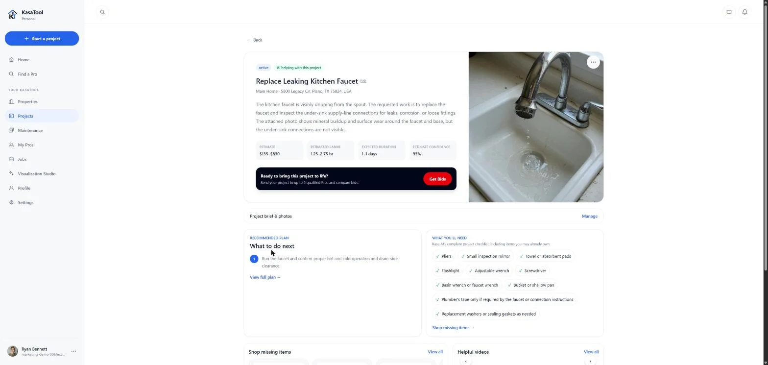 A KasaTool project workspace for a leaking kitchen faucet repair, with a homeowner-submitted photo, an AI-updated preliminary estimate, recommended plan, and a Get Bids button.