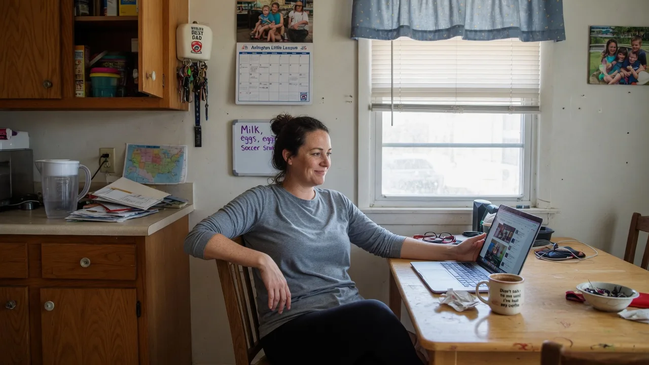 A relaxed homeowner reviewing options on a laptop at their kitchen table, on their own terms.