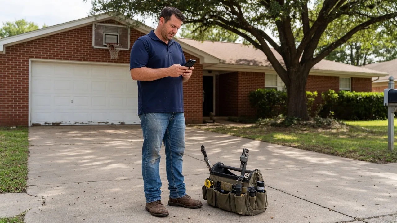 A local home-service professional checking a phone in a residential driveway.