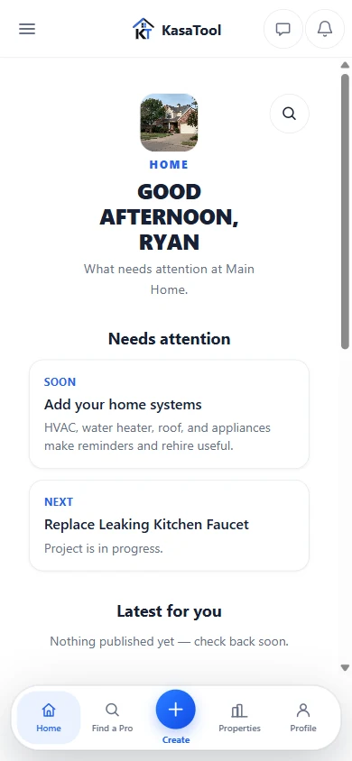 The real KasaTool Home dashboard on a phone.
