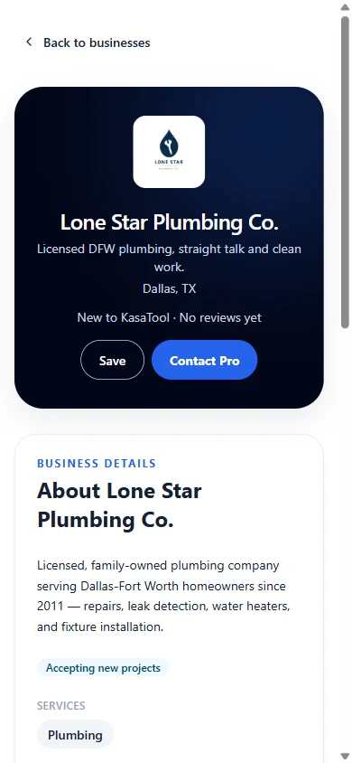 The same public Pro profile on a phone, with a Contact Pro button.
