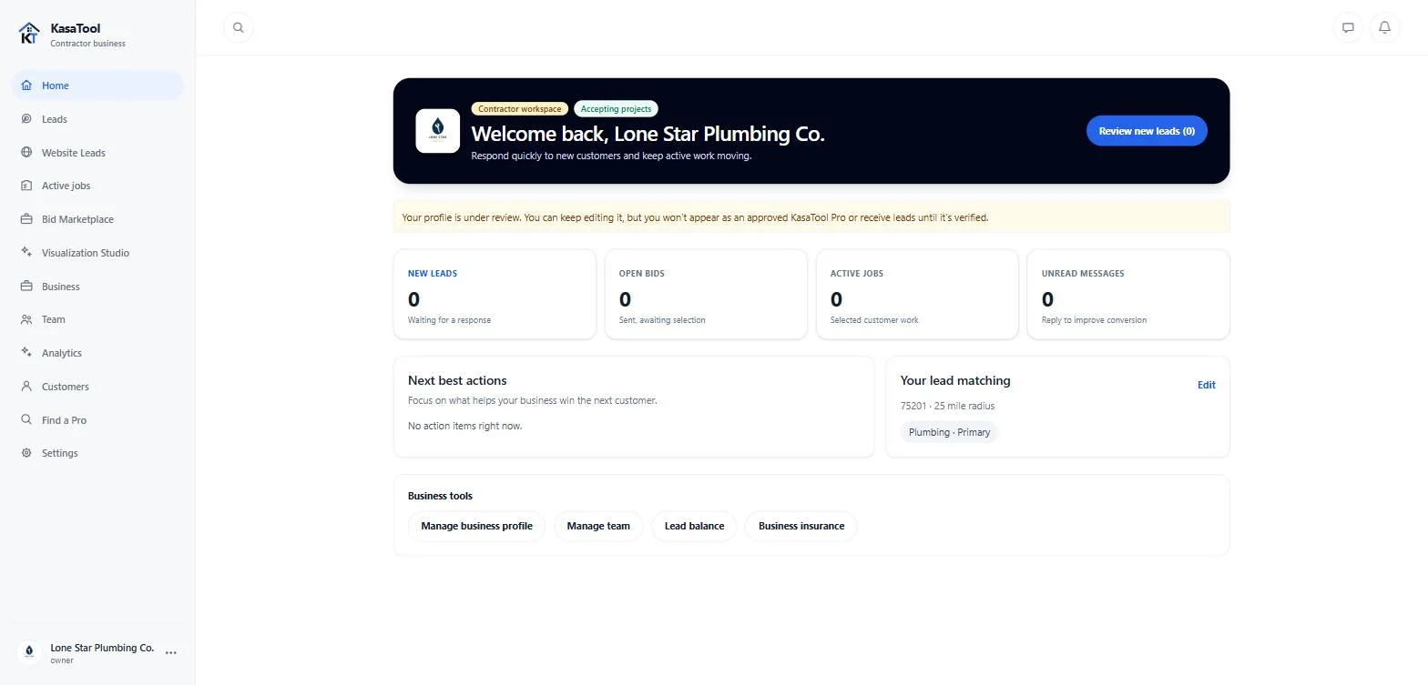 A KasaTool Pro business dashboard for Lone Star Plumbing Co., showing new leads, open bids, active jobs, and lead-matching settings.