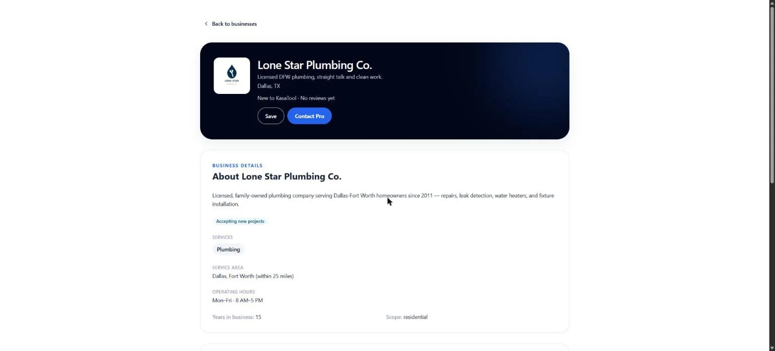 The public KasaTool profile for Lone Star Plumbing Co. in Dallas, TX, showing services, service area, previous work photos, and a Contact Pro button.