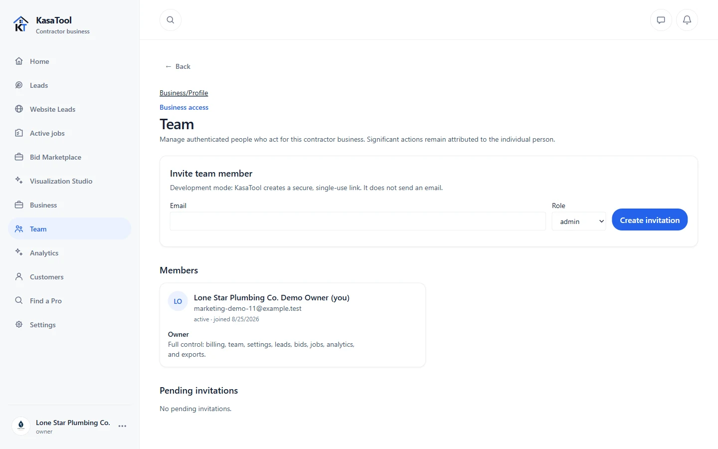 The real KasaTool Team page for Lone Star Plumbing Co., showing the owner member and an invite-teammate form.